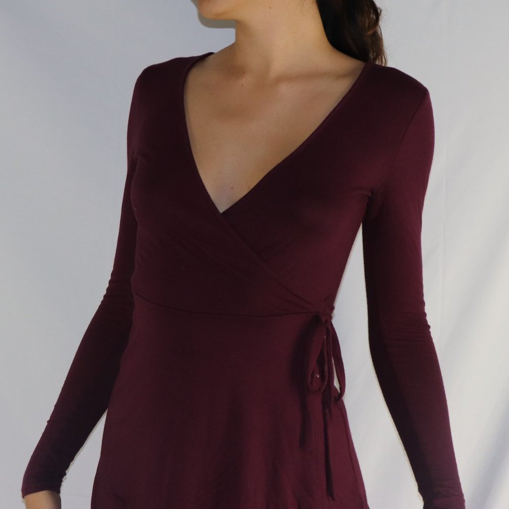 Wine Red Long Sleeve Waist Tie Dress Like Romper